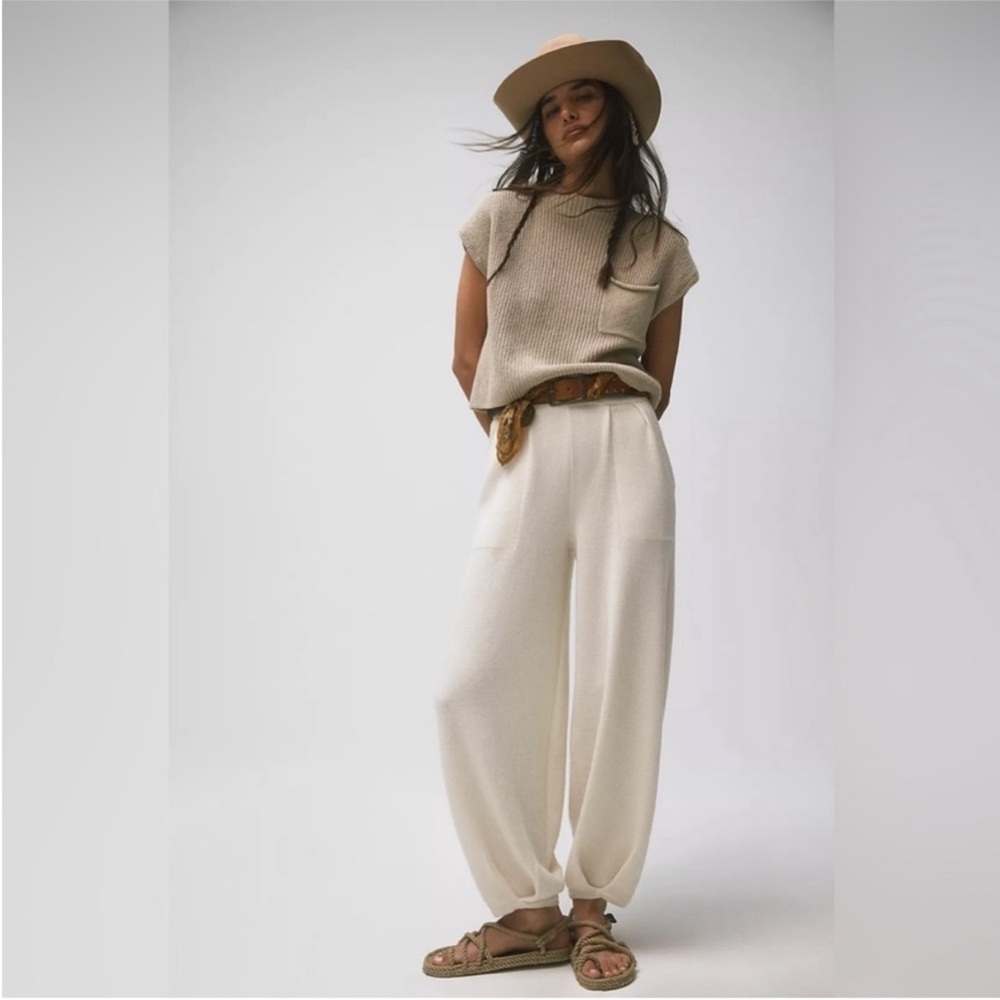 Free People Freya Short Sleeve Sweater Pants Set Oatmeal Bone Combo Beach L NEW